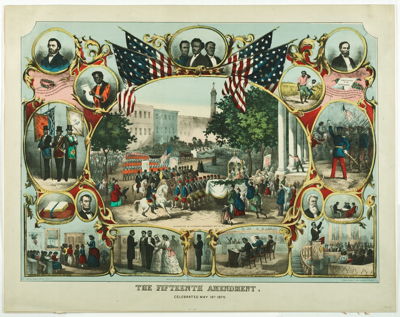 Commemorative print celebrating the passage of the 15th Amendment.