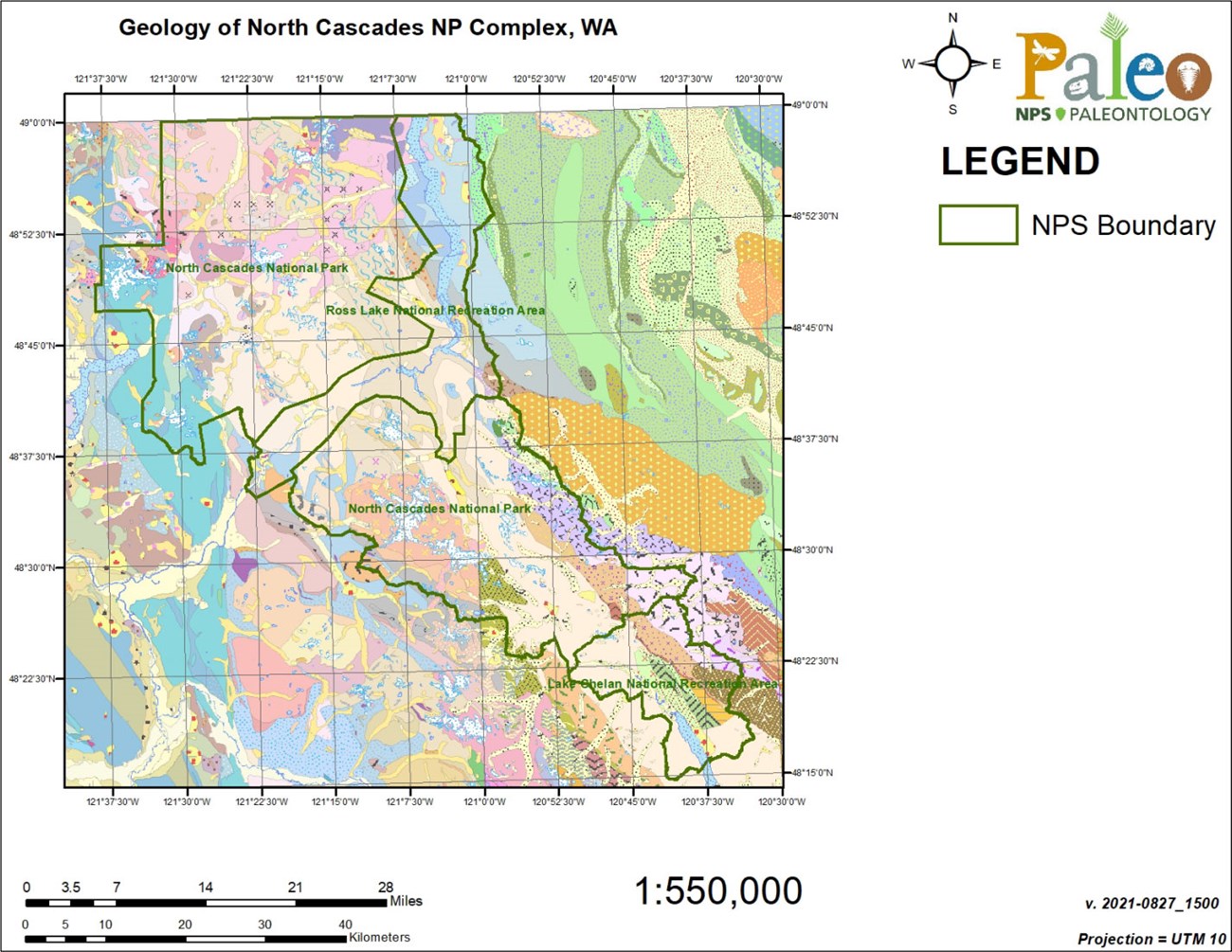 NOCA-geologic-map-in-type-section-report image of a geologic map of the park with park boundary highlighted.