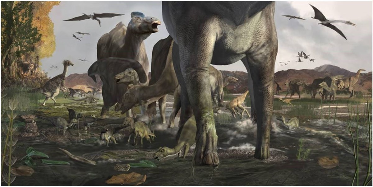 Illustration of prehistoric life during the Age of the Dinosaurs