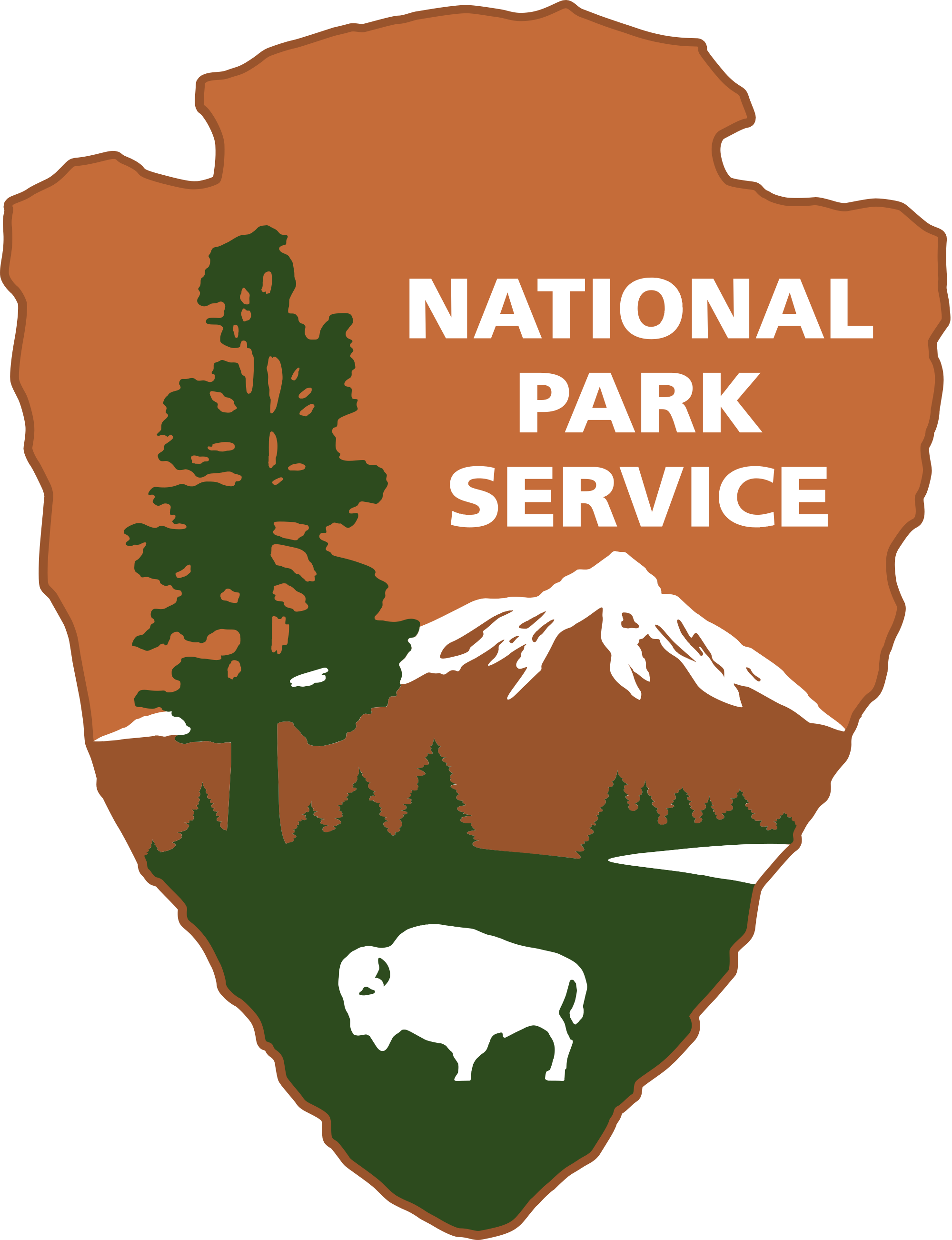 NPS Arrowhead logo. Shows a mountain in the background, with a tree, bison, and lake in the foreground. Grass and tree are green. The bison, lake, and snow on the mountain are white. Sky and mountain is brown. 