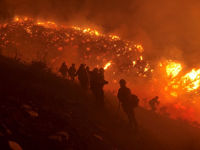 Fire crew silhouetted against burning hillside.