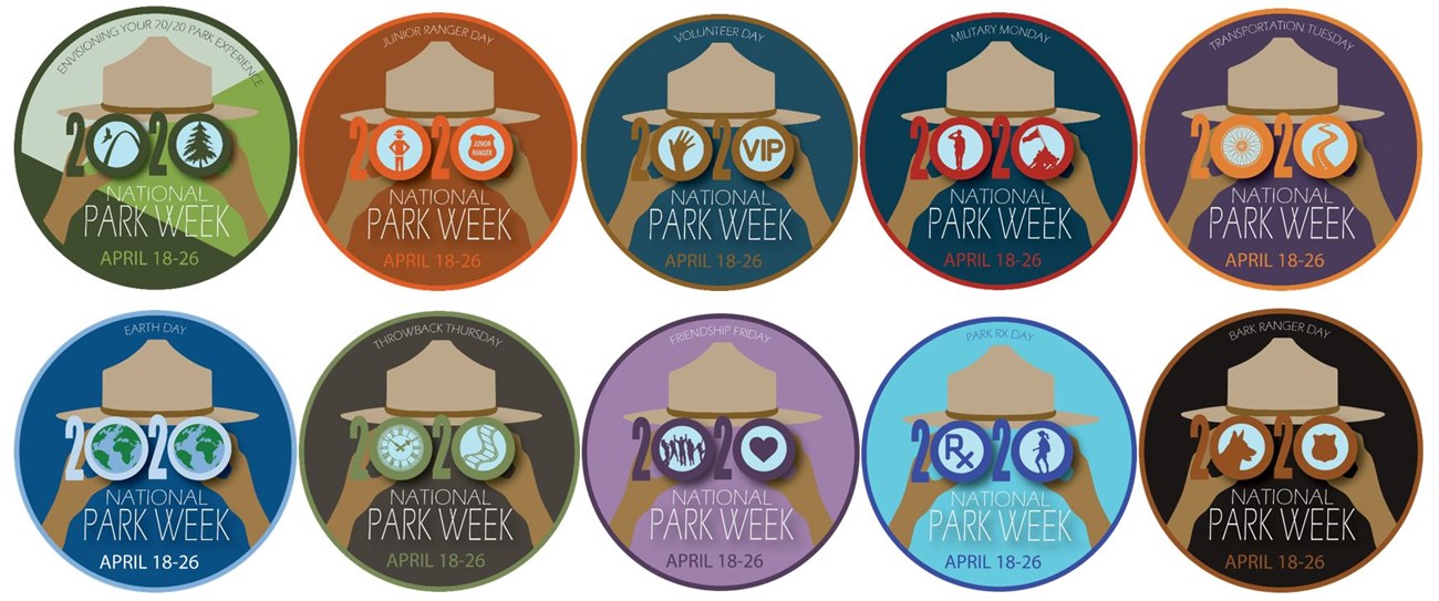 Series of ten logos for National Park Week, including one for the entire week and one for each of the nine theme days