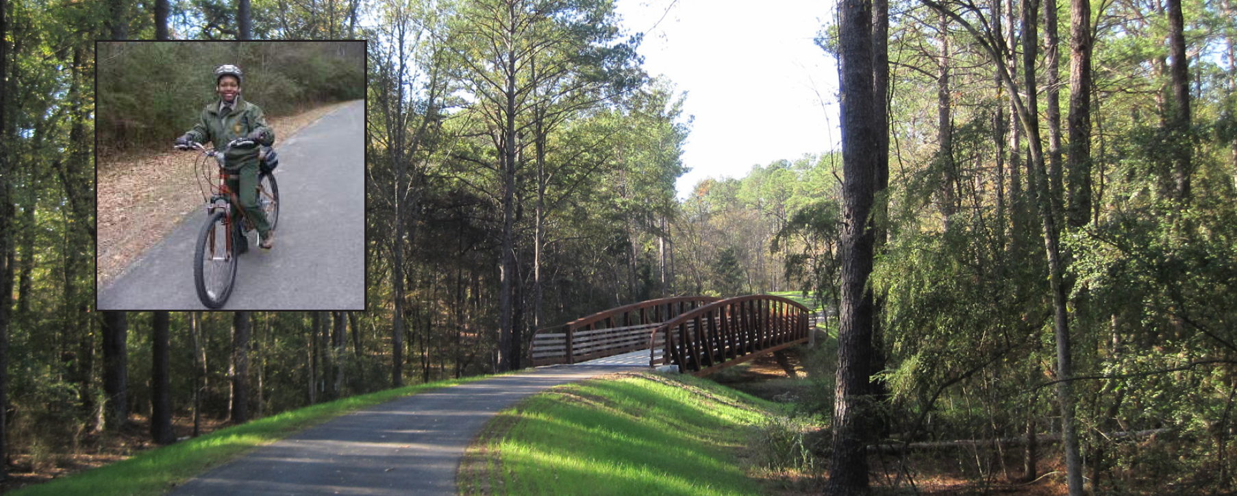 inset of ranger on bike and image of multi use trail with bridge