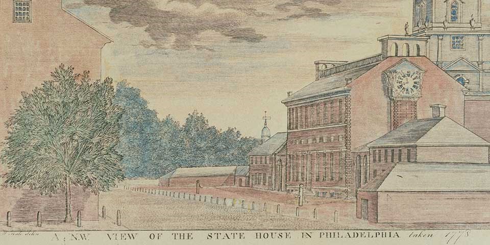 Color illustration of the Pennsylvania State House, a two story red brick building with steeple.