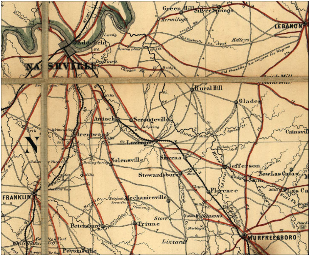 Map depicting Nashville and the surrounding towns, as well as the roads connecting them