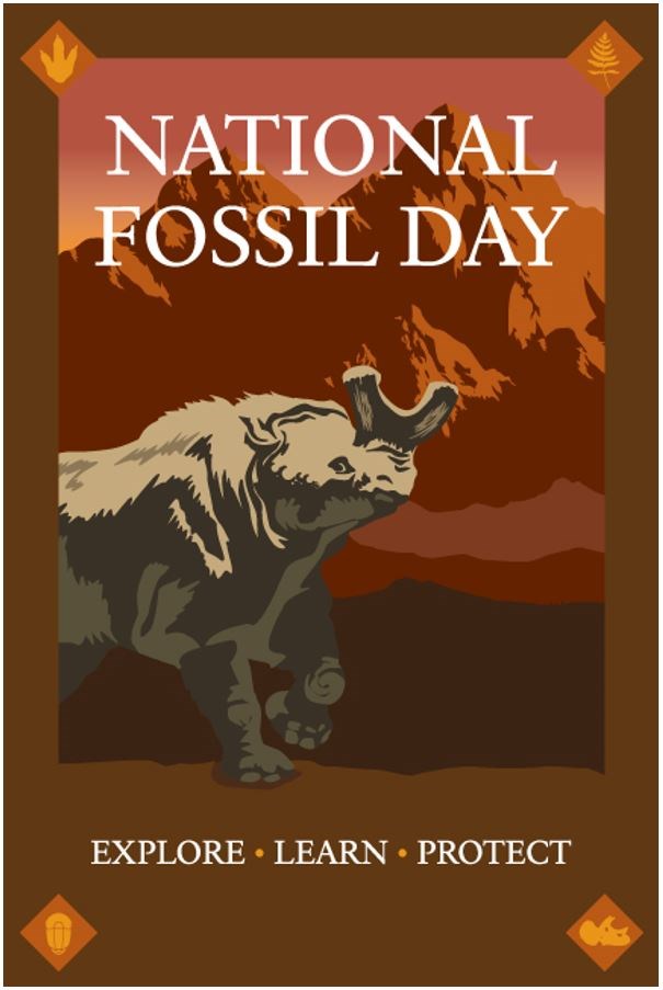 Illustration of a titanothere with text "National Fossil Day Learn, Explore, Protect"