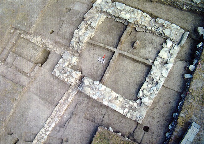 Northeast bastion foundation uncovered during excavations.