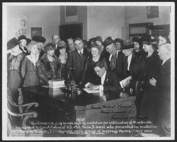 Governor Emmett D. Boyle of Nevada signing resolution for ratification of Nineteenth Amendment to Constitution. Mrs. Sadie D. Hurst presented the resolution. Carson City, Nevada, Feb. 7, 1920. Library of Congress.