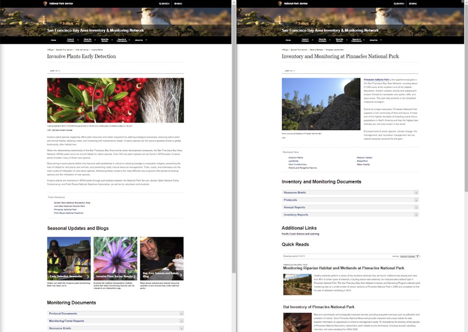 Screenshots of a vital sign (left) and park (right) webpages on the new San Francisco Bay Area Network website