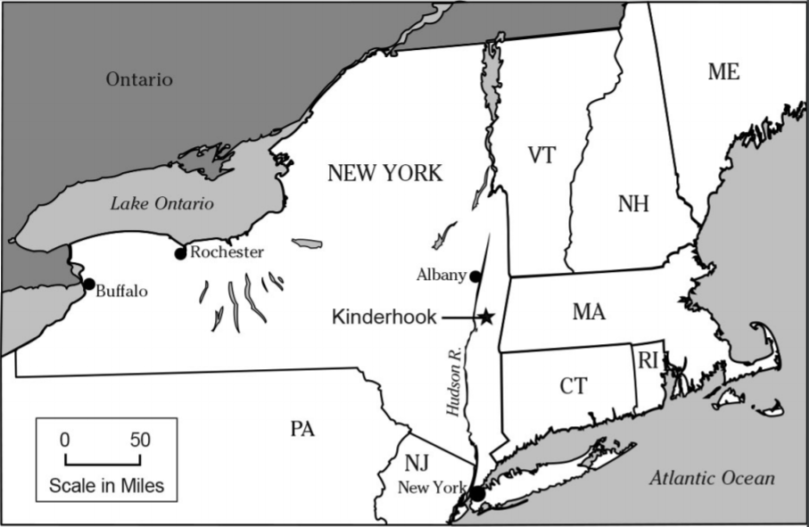 lt= Map showing Kinderhook's location in eastern New York