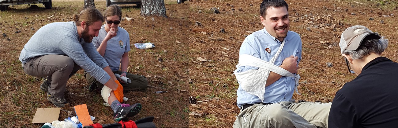 Wilderness First Aid Training at SECN. Left, a man wraps the leg of a woman sitting on the ground. Right, a man with his arm in sling laughs at the camera.