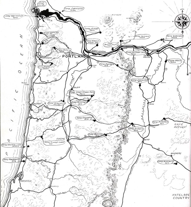 Line drawn map showing Southwest Washington and Western Oregon. CCC camps are marked with dots and names.