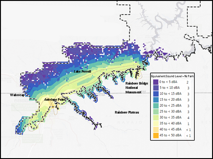 Noise model shows distribution of aircraft noise over Lake Powell, Utah