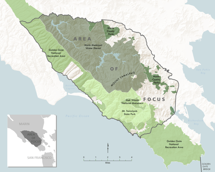 The TLC Area of Focus includes lands managed by four different public agencies: Marin Municipal Water District, Marin County Parks, California State Parks, and the National Park Service