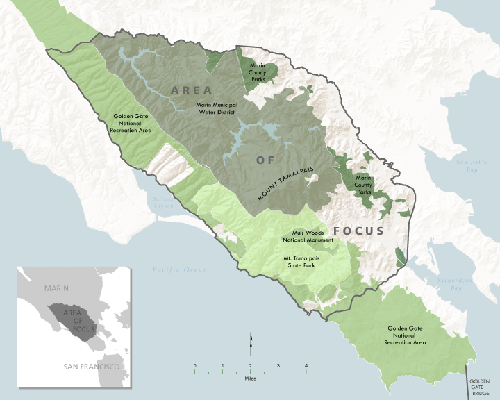 The TLC Area of Focus includes lands managed by four different public agencies: Marin Municipal Water District, Marin County Parks, California State Parks, and the National Park Service. The TLC Area of Focus includes lands managed by four different public agencies: Marin Municipal Water District, Marin County Parks, California State Parks, and the National Park Service