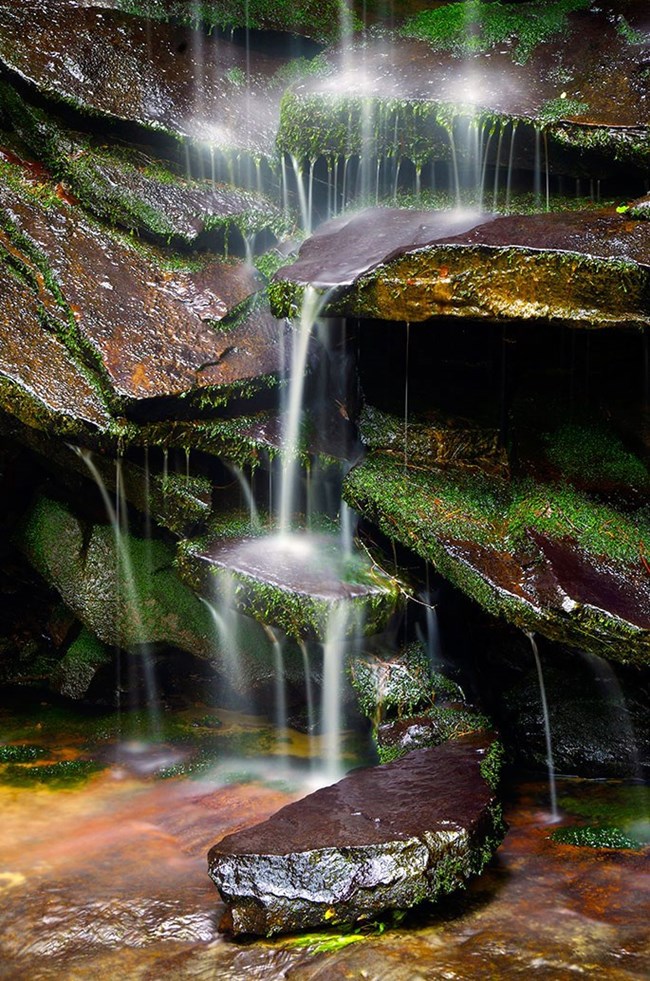 cascade over mossy rocks