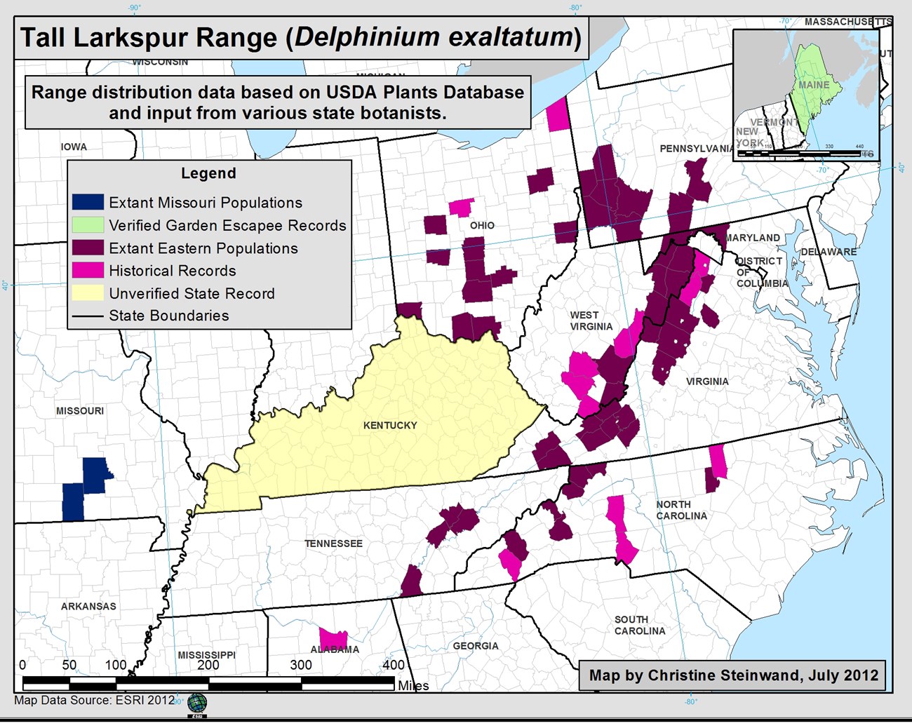 Map of southeastern United States showing tall larkspur’s range.