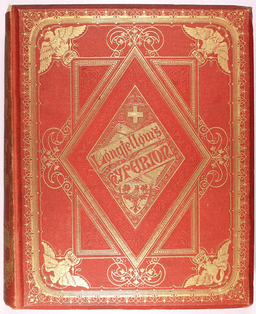 Red bound book, gold lettering, "Hyperion" by Longfellow
