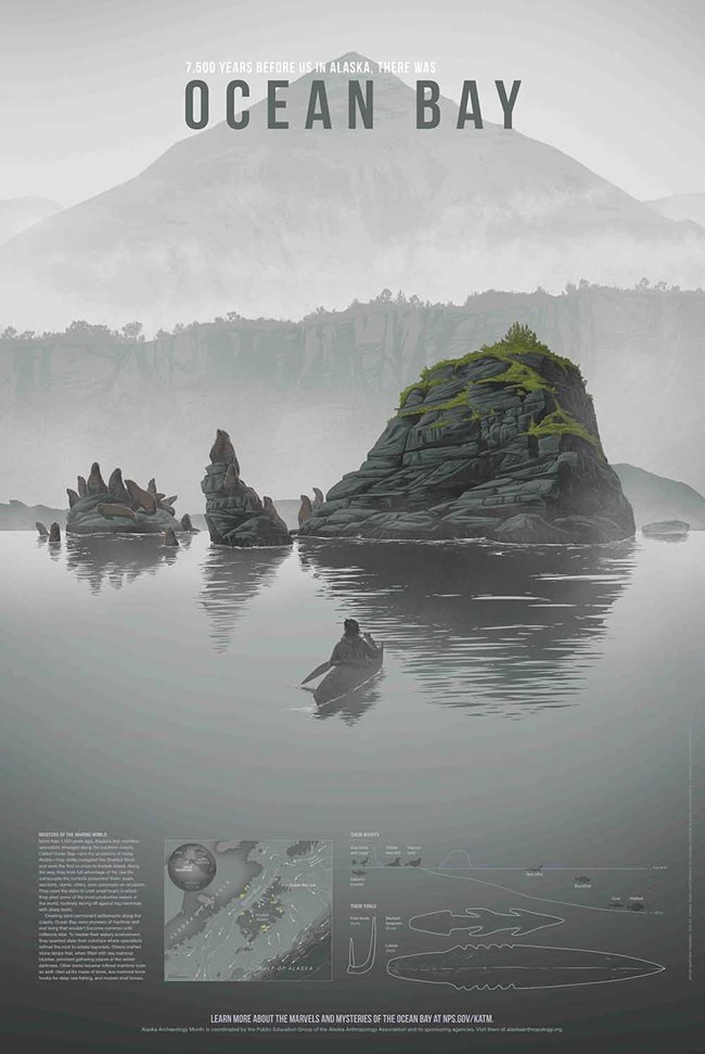 OceanBay_poster_2018_web The 2018 Alaska Archaeology Month poster featuring people who used the oceans.