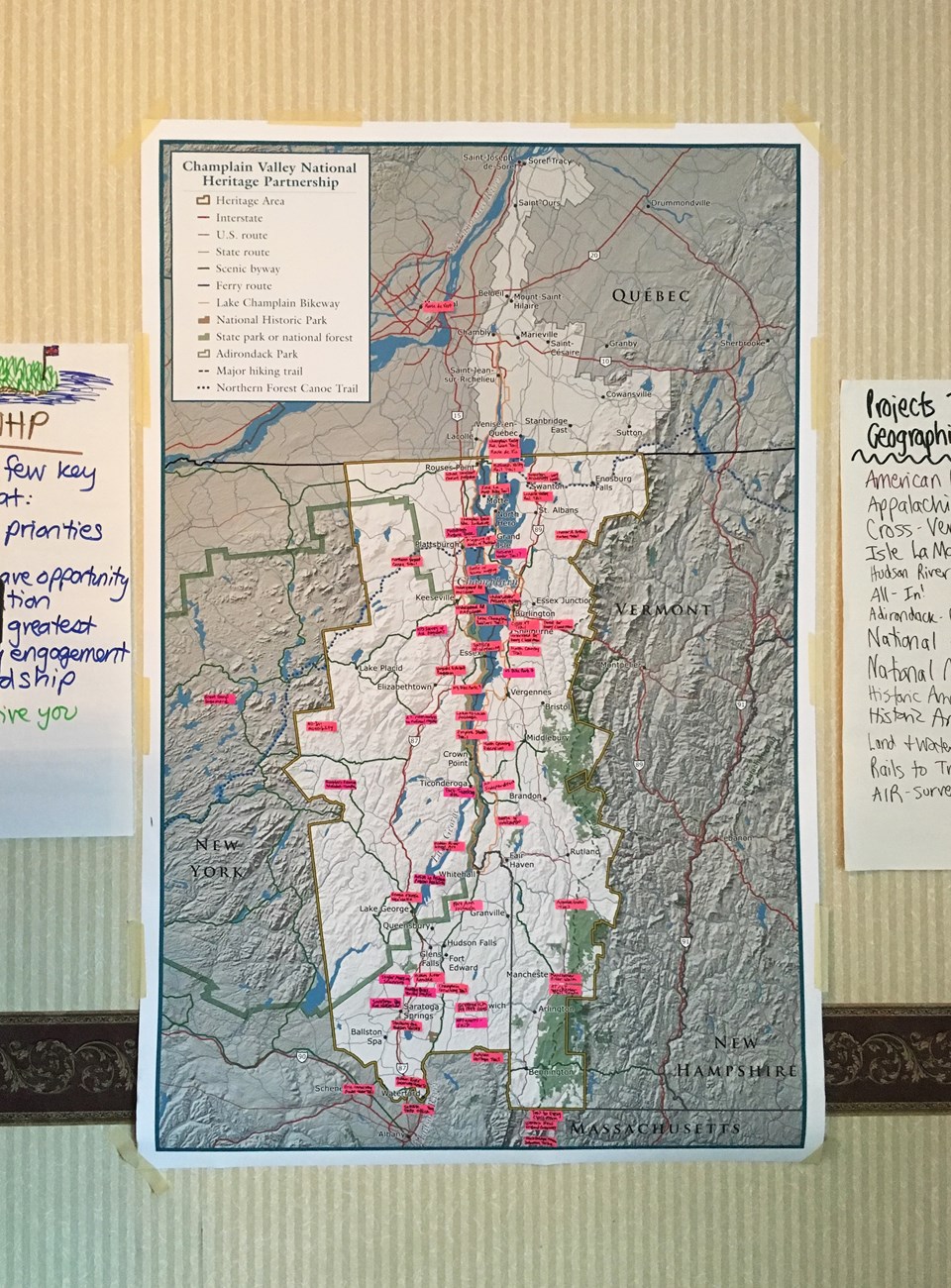Workshop participants completed a map of projects in the Champlain NHP to visualize potential areas of collaboration