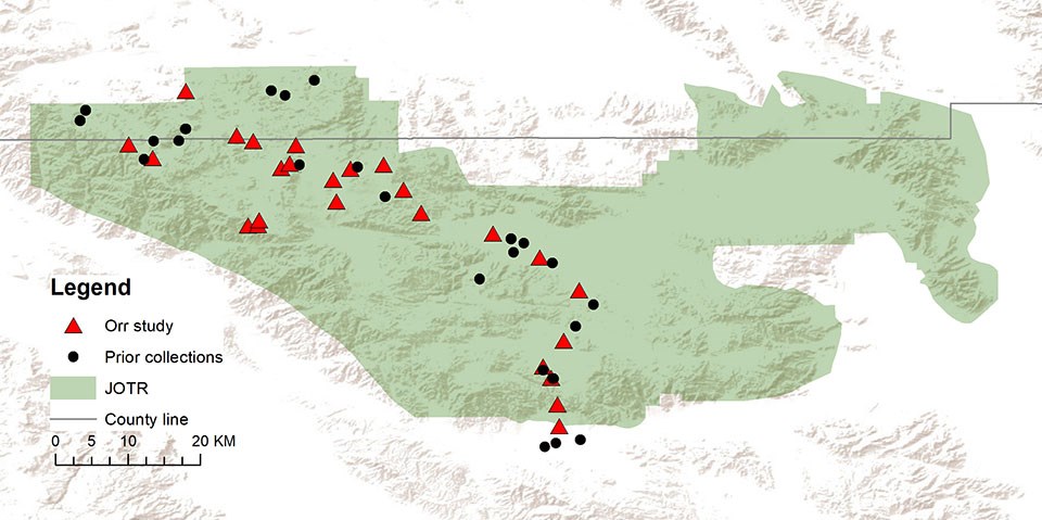 Figure 1 A map of joshua Tree National park with black triangles and red circles throughout