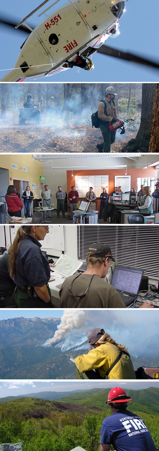 Helitack crewmember, wildland fire module member, dispatch center, GIS specialist, fire effects monitor, fire management officer A mosaic of images of men and women in fire management profession.