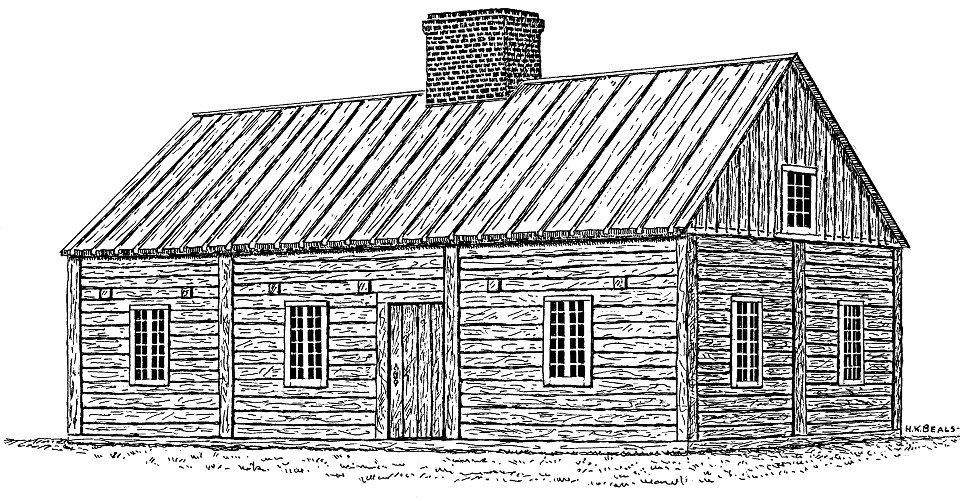 Drawing a rectangular wooden building.