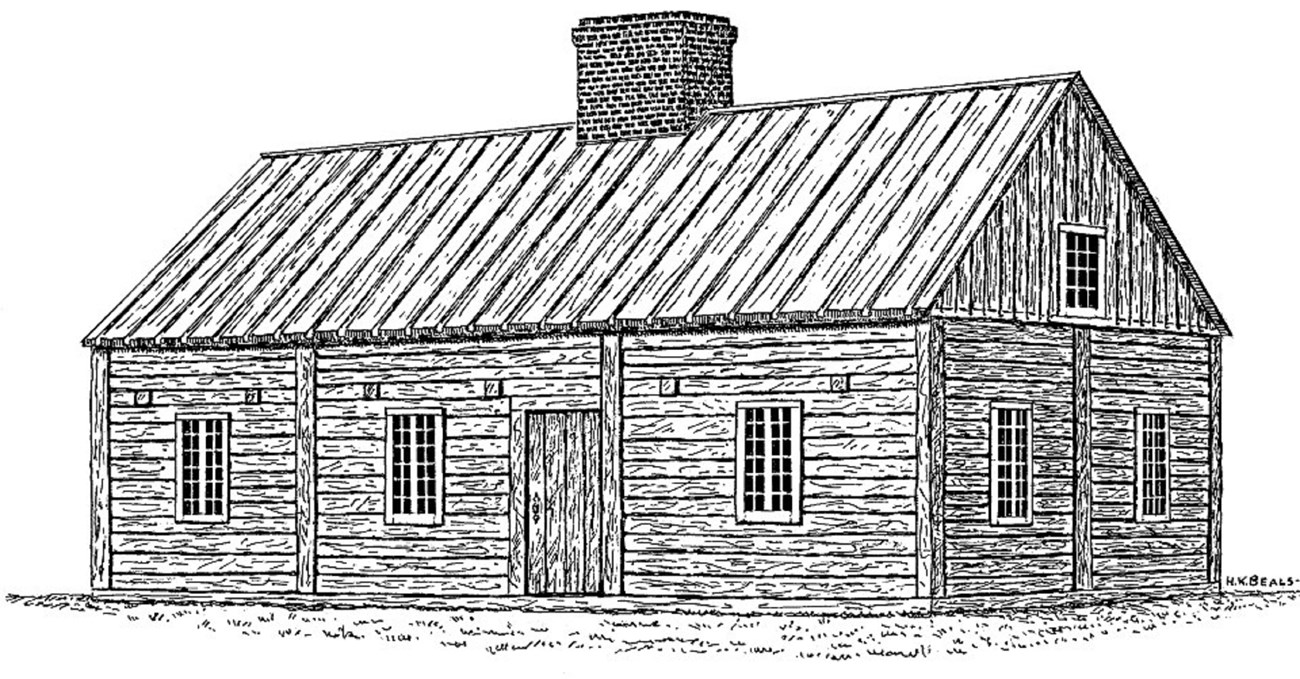 A black and white drawing of a rectangular wooden building built in a post-on-sill style.