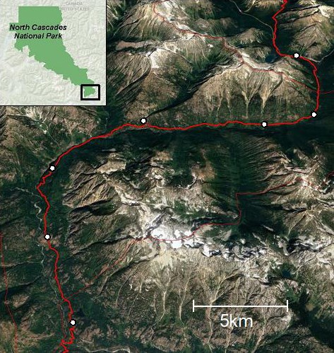 Satellite image with Pacific Crest Trail highlighted in red, and white dots representing phenology monitoring sites