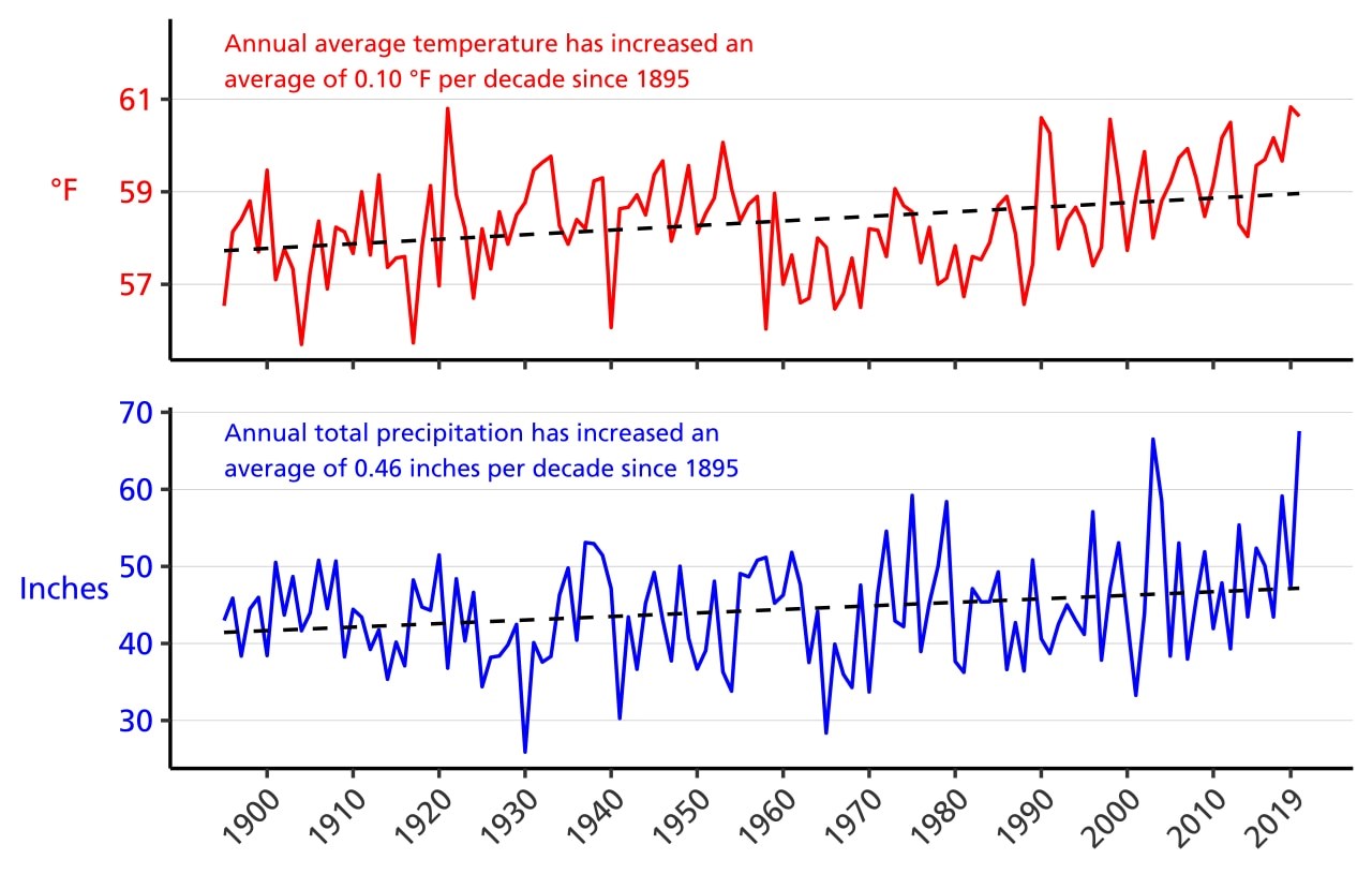 Figure 3. Line graph of annual average temperature (°F) and annual total precipitation (in.) for the counties surrounding Petersburg National Battlefield from 1895–2020 showing increasing linear trends for both parameters.