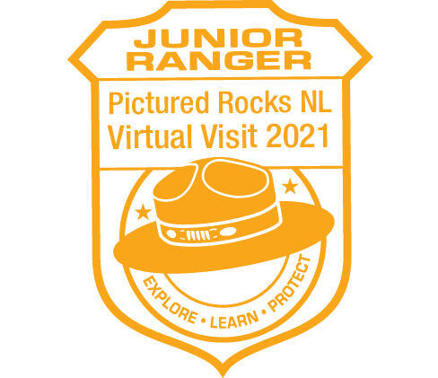 Junior Ranger: Pictured Rocks National Lakeshore Virtual Visit 2021 Stamp Orange color stamp which reads 'Junior Ranger: Pictured Rocks National Lakeshore Virtual Visit 2021'