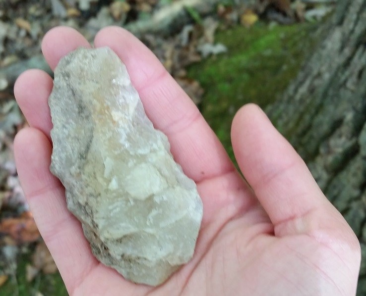 Quartzite stone tool in hand