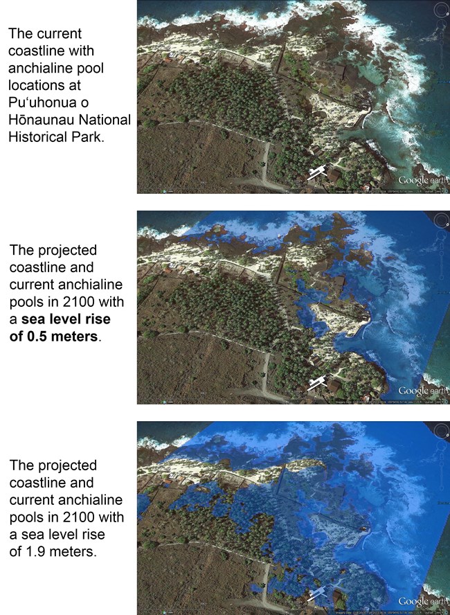 Three sea level rise scenarios at Pu‘uhonua o Hōnaunau National Park Three sea level rise scenarios at Pu‘uhonua o Hōnaunau National Park
