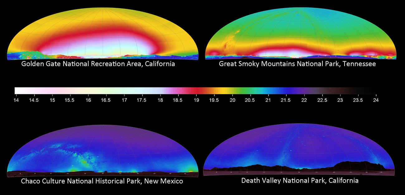Graphic compares all sky brightness from four locations from brightest to darkest: Golden Gate NRA, Great Smoky Mountains NP, Chaco Culture HP, and Death Valley Graphic compares all sky brightness from four locations from brightest to darkest: Golden Gate NRA, Great Smoky Mountains NP, Chaco Culture HP, and Death Valley