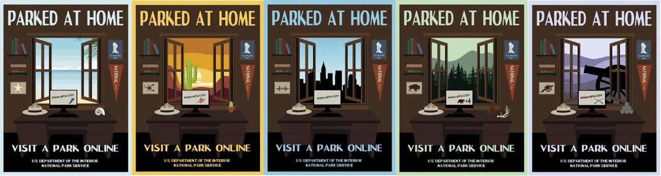 Series of "Parked at Home" posters of desks looking out a various park settings