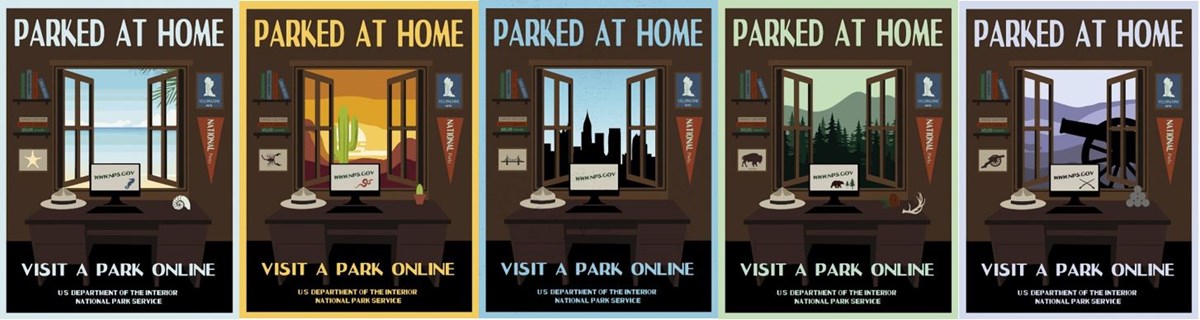 Series of "Parked at Home" posters of desks looking out a various park settings