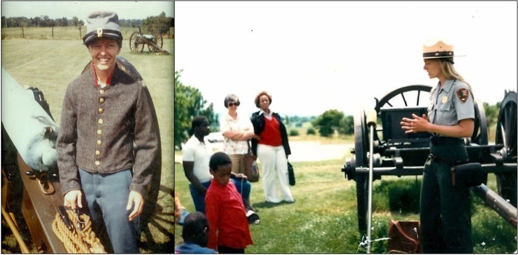 Color photos of Pat Lammers at work. Left: Lammers in Civil War uniform standing next to cannon. Right: Lammers in NPS uniform, standing next to cannon, talking to crowd