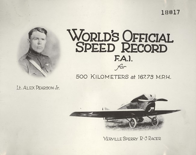 Document with photo of Alexander Pearson and Verville Sperry R-3 Racer aircraft. Text reads "World's Official Speed Record F.A.I. for 500 Kilometers at 167.73 M.P.H."