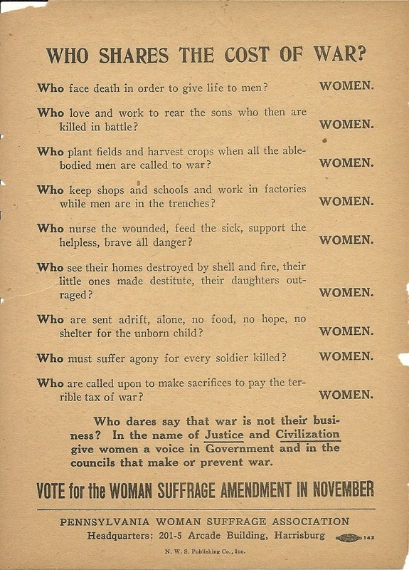 Women's Suffrage promotion 1915 Yellowing flyer with questions affirming women should be allowed to vote