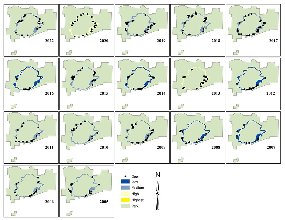 Deer survey maps with deer densities by year from 2005 to 2022. Map shows the visible area surveyed. Deer densities were highest in 2013 and 2020 and lowest in 2007, 2008, 2012, 2014, and 2016.