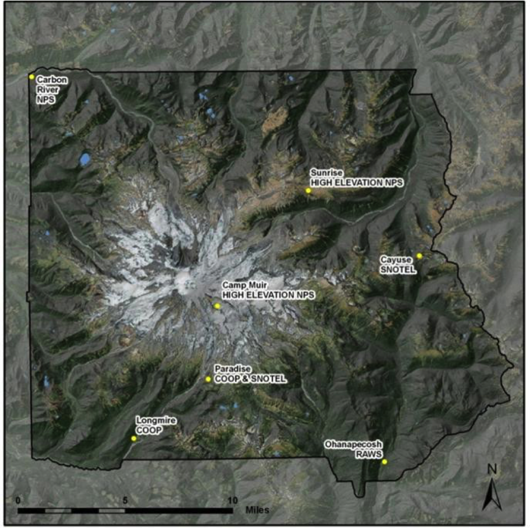 A map of the park showing weather stations placed throughout the park