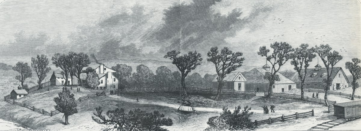 Landscape drawing of a 19th century farm including a house, barn, and several outbuildings