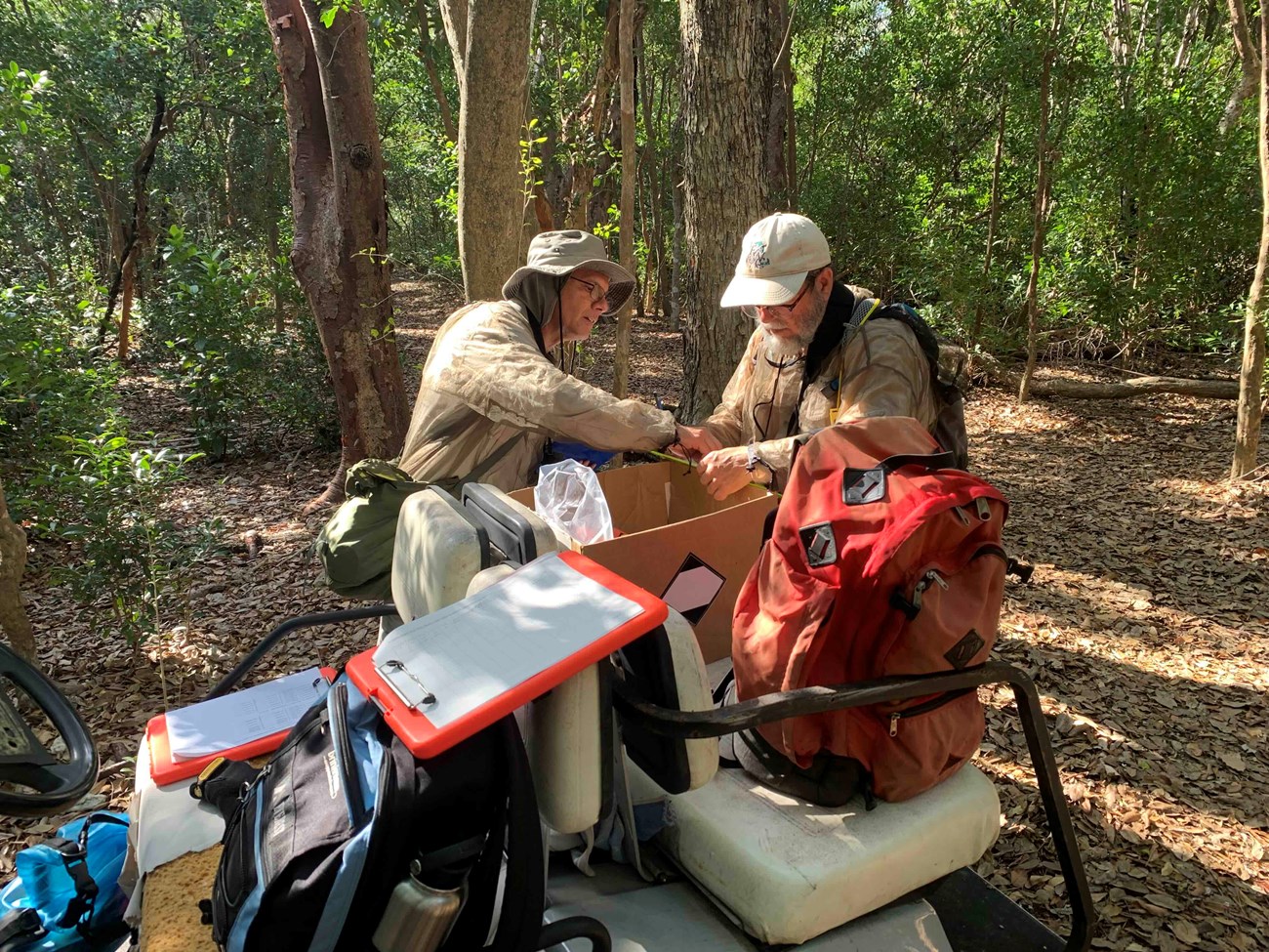 Research Two researchers sifting through field equipment, including backpacks, clipboards, and data sheets, that are in a vehicle.