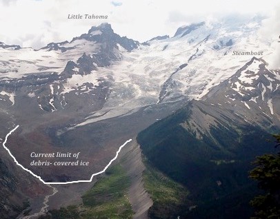 Moore1 An ariel view of a rocky glacier nestled in a rocky valley with a snowy mountain behind
