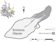 A maps showing the Emmons glacier and the portions of it that are debris covered