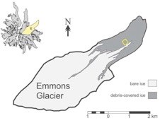 Emmons 3 A maps showing the Emmons glacier and the portions of it that are debris covered