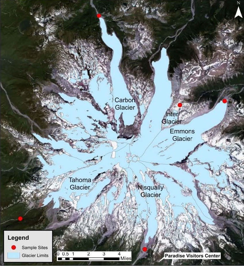 A map of the park showing the locations of 5 different sample sites