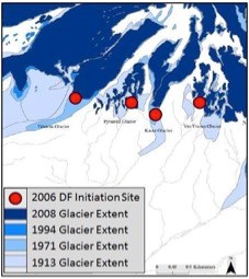 A map showing the locations of debris flows on the south facing glaciers of the mountain.