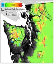 Drying wetlands A map of western Washington showing the outlines of Olympic, Mount Rainier, and North Cascades National Parks