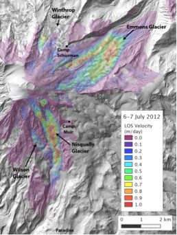 A map of the east side of Mount Rainier shaded to show the velocity of moving glacial ice.